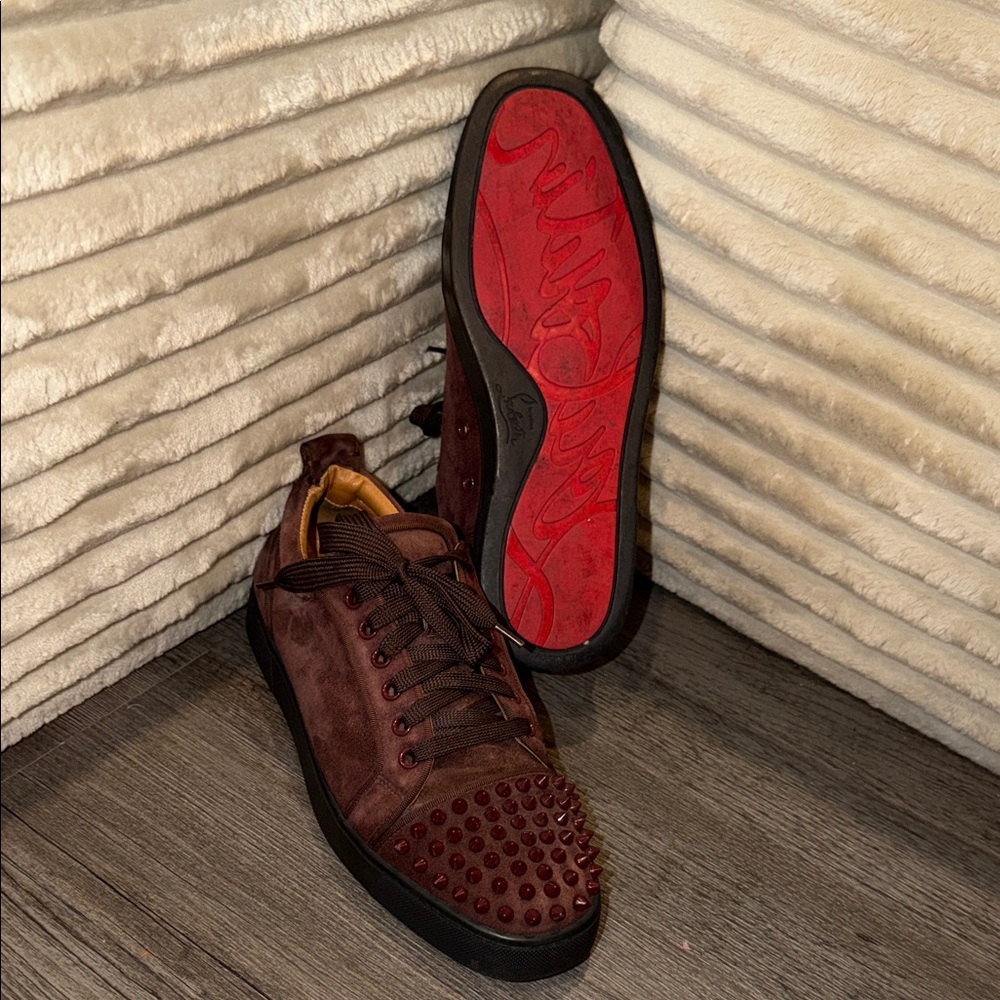 Christian Louboutin Burgundy Spiked Sneakers with Red Sole